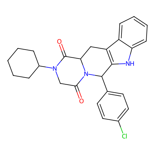 6-(4-chlorophenyl)-2-cyclohexyl-2,3,12,12a-tetrahydropyrazino[1',2':1,6]pyrido[3,4-b]indole-1,4(6H,7H)-dione structure