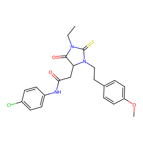 N-(4-chlorophenyl)-2-{1-ethyl-3-[2-(4-methoxyphenyl)ethyl]-5-oxo-2-thioxoimidazolidin-4-yl}acetamide structure