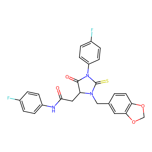 2-[3-(1,3-benzodioxol-5-ylmethyl)-1-(4-fluorophenyl)-5-oxo-2-thioxoimidazolidin-4-yl]-N-(4-fluorophenyl)acetamide structure