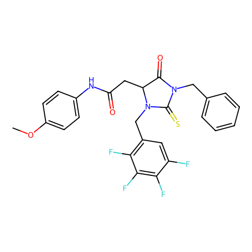 2-[1-benzyl-5-oxo-3-(2,3,4,5-tetrafluorobenzyl)-2-thioxoimidazolidin-4-yl]-N-(4-methoxyphenyl)acetamide structure