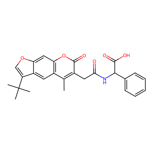 2-(2-(3-(tert-butyl)-5-methyl-7-oxo-7H-furo[3,2-g]chromen-6-yl)acetamido)-2-phenylacetic acid structure