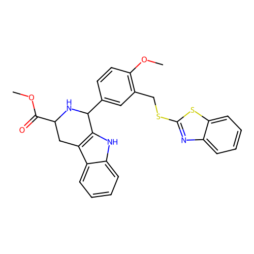 methyl 1-(3-((benzo[d]thiazol-2-ylthio)methyl)-4-methoxyphenyl)-2,3,4,9-tetrahydro-1H-pyrido[3,4-b]indole-3-carboxylate structure