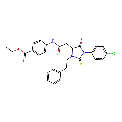 ethyl 4-({[1-(4-chlorophenyl)-5-oxo-3-(2-phenylethyl)-2-thioxoimidazolidin-4-yl]acetyl}amino)benzoate structure