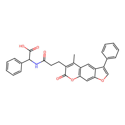 2-(3-(5-methyl-7-oxo-3-phenyl-7H-furo[3,2-g]chromen-6-yl)propanamido)-2-phenylacetic acid structure