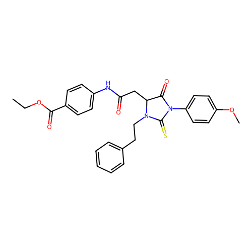 ethyl 4-({[1-(4-methoxyphenyl)-5-oxo-3-(2-phenylethyl)-2-thioxoimidazolidin-4-yl]acetyl}amino)benzoate structure
