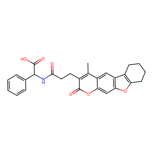 2-(3-(4-methyl-2-oxo-6,7,8,9-tetrahydro-2H-benzofuro[3,2-g]chromen-3-yl)propanamido)-2-phenylacetic acid structure