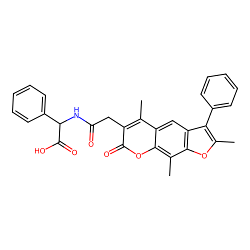 2-phenyl-2-(2-(2,5,9-trimethyl-7-oxo-3-phenyl-7H-furo[3,2-g]chromen-6-yl)acetamido)acetic acid structure
