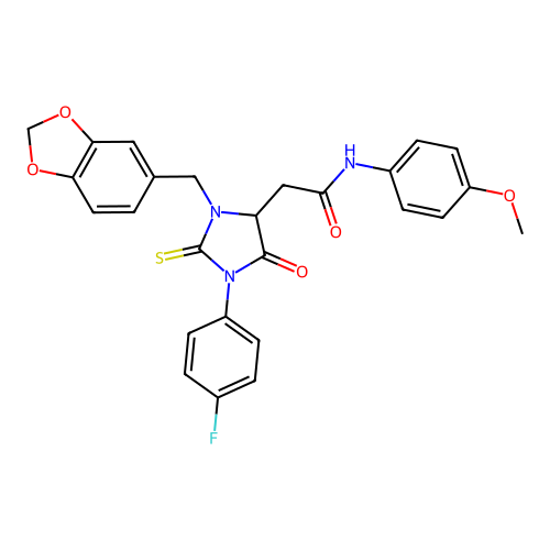 2-[3-(1,3-benzodioxol-5-ylmethyl)-1-(4-fluorophenyl)-5-oxo-2-thioxoimidazolidin-4-yl]-N-(4-methoxyphenyl)acetamide structure