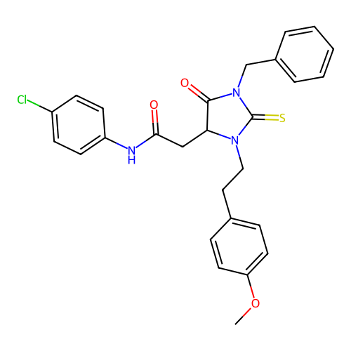 2-{1-benzyl-3-[2-(4-methoxyphenyl)ethyl]-5-oxo-2-thioxoimidazolidin-4-yl}-N-(4-chlorophenyl)acetamide structure