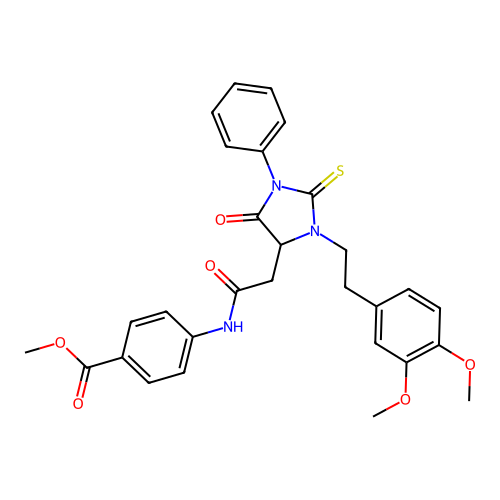 methyl 4-[({3-[2-(3,4-dimethoxyphenyl)ethyl]-5-oxo-1-phenyl-2-thioxoimidazolidin-4-yl}acetyl)amino]benzoate structure