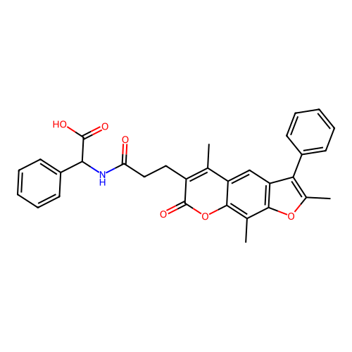 2-phenyl-2-(3-(2,5,9-trimethyl-7-oxo-3-phenyl-7H-furo[3,2-g]chromen-6-yl)propanamido)acetic acid structure