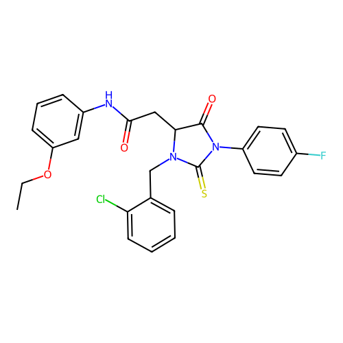 2-[3-(2-chlorobenzyl)-1-(4-fluorophenyl)-5-oxo-2-thioxoimidazolidin-4-yl]-N-(3-ethoxyphenyl)acetamide structure