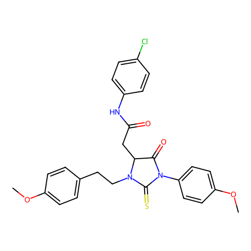 N-(4-chlorophenyl)-2-{1-(4-methoxyphenyl)-3-[2-(4-methoxyphenyl)ethyl]-5-oxo-2-thioxoimidazolidin-4-yl}acetamide structure