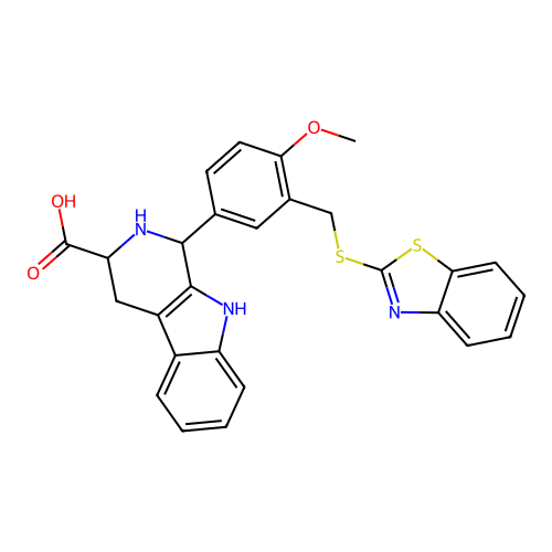 1-{3-[(1,3-benzothiazol-2-ylsulfanyl)methyl]-4-methoxyphenyl}-2,3,4,9-tetrahydro-1H-beta-carboline-3-carboxylic acid structure