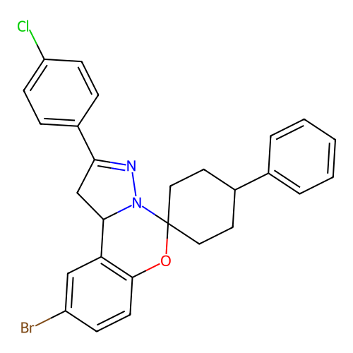 9'-bromo-2'-(4-chlorophenyl)-4-phenyl-1',10b'-dihydrospiro[cyclohexane-1,5'-pyrazolo[1,5-c][1,3]benzoxazine] structure