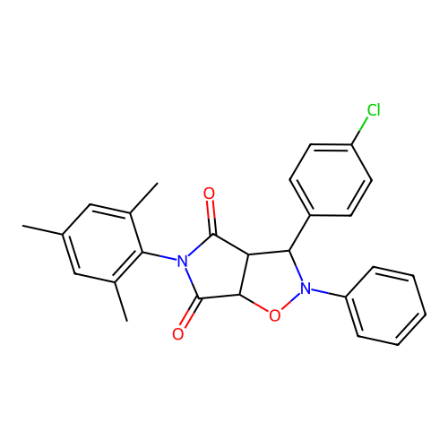 3-(4-chlorophenyl)-2-phenyl-5-(2,4,6-trimethylphenyl)-3a,6a-dihydro-3H-pyrrolo[3,4-d][1,2]oxazole-4,6-dione structure