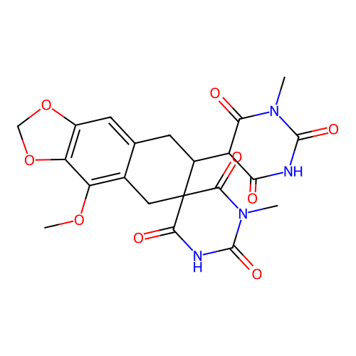 4'-methoxy-1-methyl-7'-(1-methyl-2,4,6-trioxo-1,3-diazinan-5-yl)spiro[1,3-diazinane-5,6'-7,8-dihydro-5H-benzo[f][1,3]benzodioxole]-2,4,6-trione structure