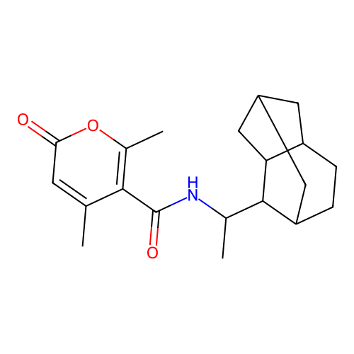 4,6-dimethyl-N-(1-(octahydro-1H-2,5-methanoinden-4-yl)ethyl)-2-oxo-2H-pyran-5-carboxamide structure
