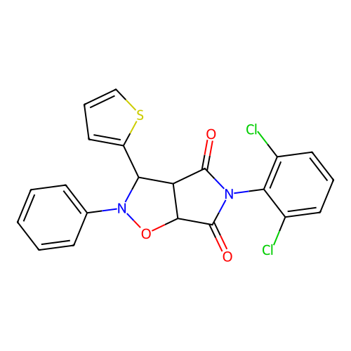 3-(2,6-dichlorophenyl)-7-phenyl-8-thiophen-2-yl-6-oxa-3,7-diazabicyclo[3.3.0]octane-2,4-dione structure