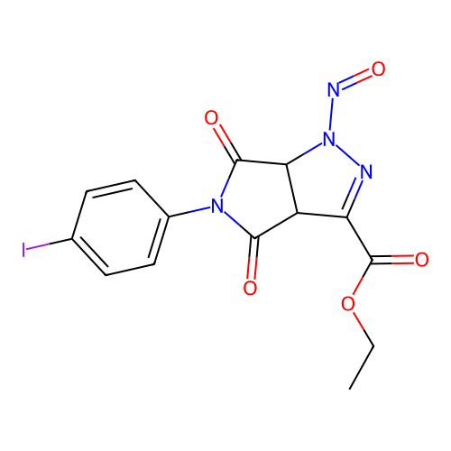 ethyl 5-(4-iodophenyl)-1-nitroso-4,6-dioxo-1,3a,4,5,6,6a-hexahydropyrrolo[3,4-c]pyrazole-3-carboxylate structure