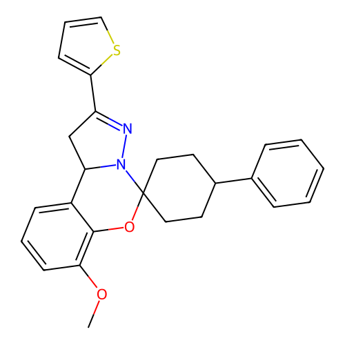 7'-methoxy-4-phenyl-2'-(thiophen-2-yl)-1',10b'-dihydrospiro[cyclohexane-1,5'-pyrazolo[1,5-c][1,3]benzoxazine] structure