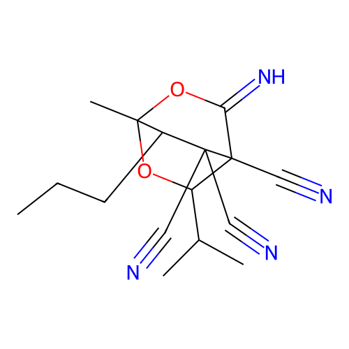 2-imino-4-methyl-6-propan-2-yl-8-propyl-3,5-dioxabicyclo[2.2.2]octane-1,7,7-tricarbonitrile structure
