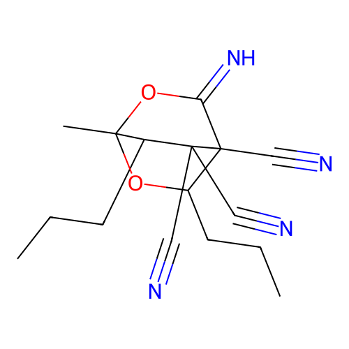 3-imino-1-methyl-5,7-dipropyl-2,6-dioxabicyclo[2.2.2]octane-4,8,8-tricarbonitrile structure