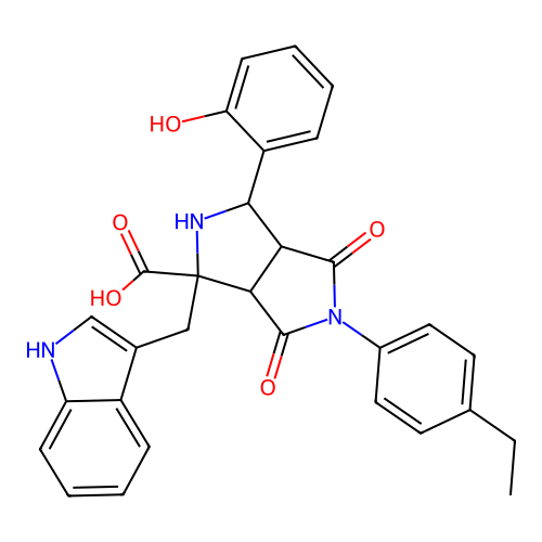 1-((1H-indol-3-yl)methyl)-5-(4-ethylphenyl)-3-(2-hydroxyphenyl)-4,6-dioxooctahydropyrrolo[3,4-c]pyrrole-1-carboxylic acid structure
