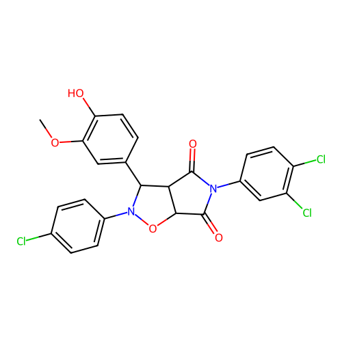 2-(4-chlorophenyl)-5-(3,4-dichlorophenyl)-3-(4-hydroxy-3-methoxyphenyl)-3a,6a-dihydro-3H-pyrrolo[3,4-d][1,2]oxazole-4,6-dione structure
