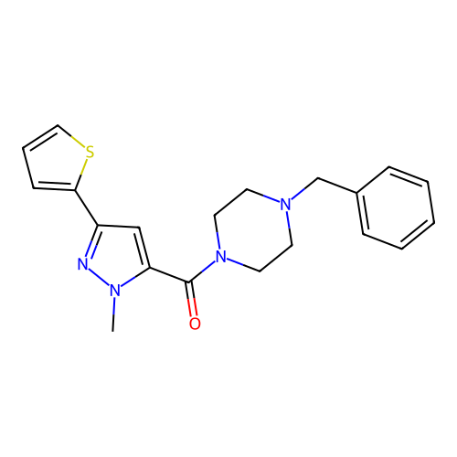 (4-benzylpiperazin-1-yl)(1-methyl-3-(thiophen-2-yl)-1H-pyrazol-5-yl)methanone structure