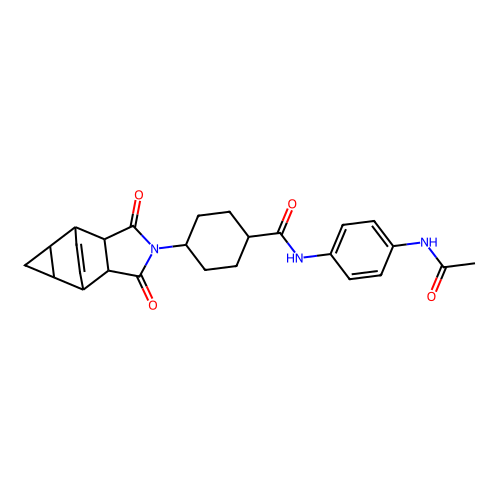 N-(4-{[4-(3,5-dioxo-4-azatetracyclo[5.3.2.0<2,6>.0<8,10>]dodec-11-en-4-yl)cycl ohexyl]carbonylamino}phenyl)acetamide structure