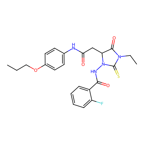 N-(3-ethyl-4-oxo-5-{2-oxo-2-[(4-propoxyphenyl)amino]ethyl}-2-thioxoimidazolidin-1-yl)-2-fluorobenzamide structure