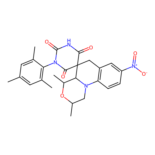 1'-mesityl-2,4-dimethyl-8-nitro-2,4,4a,6-tetrahydro-1H,1'H-spiro[[1,4]oxazino[4,3-a]quinoline-5,5'-pyrimidine]-2',4',6'(3'H)-trione structure