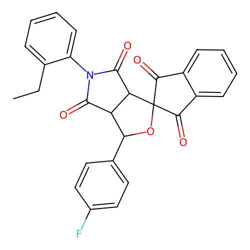 5-(2-ethylphenyl)-1-(4-fluorophenyl)spiro[3a,6a-dihydro-1H-furo[3,4-c]pyrrole-3,2'-indene]-1',3',4,6-tetrone structure