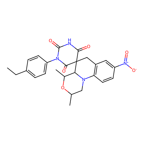 1'-(4-ethylphenyl)-2,4-dimethyl-8-nitro-2,4,4a,6-tetrahydro-1H,1'H-spiro[[1,4]oxazino[4,3-a]quinoline-5,5'-pyrimidine]-2',4',6'(3'H)-trione structure