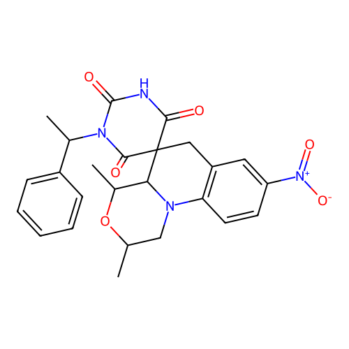 2',4'-dimethyl-8'-nitro-1-(1-phenylethyl)spiro[1,3-diazinane-5,5'-2,4,4a,6-tetrahydro-1H-[1,4]oxazino[4,3-a]quinoline]-2,4,6-trione structure