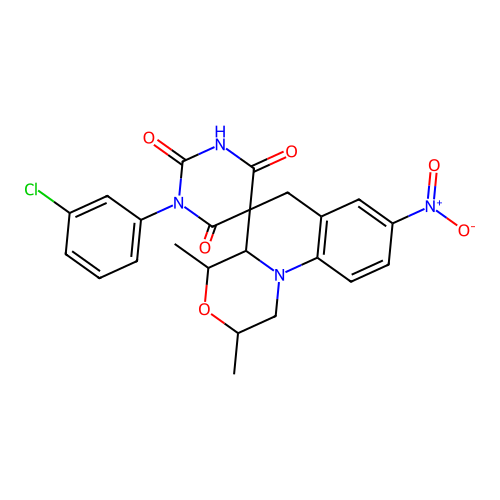 1'-(3-chlorophenyl)-2,4-dimethyl-8-nitro-2,4,4a,6-tetrahydro-1H,1'H-spiro[[1,4]oxazino[4,3-a]quinoline-5,5'-pyrimidine]-2',4',6'(3'H)-trione structure