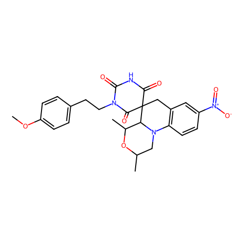 1'-(4-methoxyphenethyl)-2,4-dimethyl-8-nitro-2,4,4a,6-tetrahydro-1H,1'H-spiro[[1,4]oxazino[4,3-a]quinoline-5,5'-pyrimidine]-2',4',6'(3'H)-trione structure