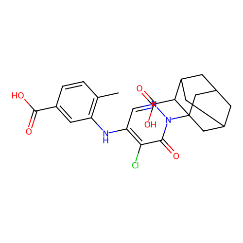 1-{4-[(5-carboxy-2-methylphenyl)amino]-5-chloro-6-oxopyridazin-1(6H)-yl}tricyclo[3.3.1.1~3,7~]decane-2-carboxylic acid structure