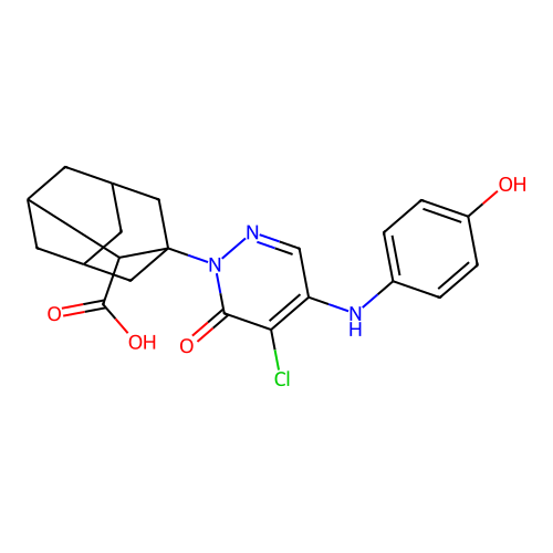 1-{5-chloro-4-[(4-hydroxyphenyl)amino]-6-oxopyridazin-1(6H)-yl}tricyclo[3.3.1.1~3,7~]decane-2-carboxylic acid structure