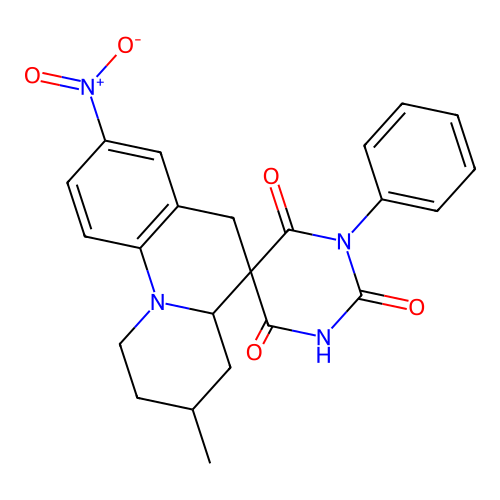 2'-hydroxy-3-methyl-8-nitro-1'-phenyl-2,3,4,4a-tetrahydro-1H,4'H,6H-spiro[pyrido[1,2-a]quinoline-5,5'-pyrimidine]-4',6'(1'H)-dione structure