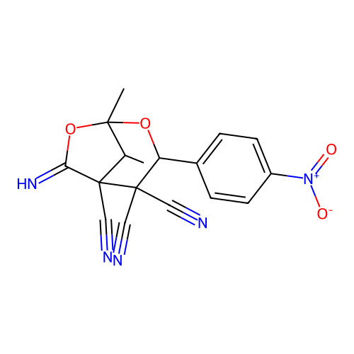 6-imino-1,8-dimethyl-3-(4-nitrophenyl)-2,7-dioxabicyclo[3.2.1]octane-4,4,5-tricarbonitrile structure