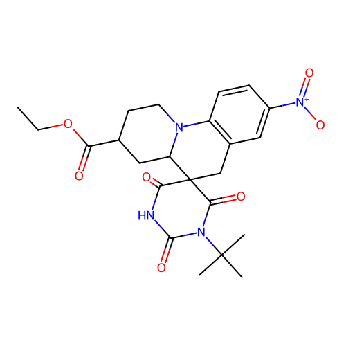 ethyl 1'-(tert-butyl)-8-nitro-2',4',6'-trioxo-1,2,2',3,3',4,4a,4',6,6'-decahydro-1'H-spiro[pyrido[1,2-a]quinoline-5,5'-pyrimidine]-3-carboxylate structure