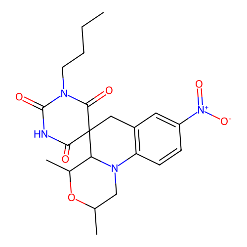 1'-butyl-2,4-dimethyl-8-nitro-2,4,4a,6-tetrahydro-1H,1'H-spiro[[1,4]oxazino[4,3-a]quinoline-5,5'-pyrimidine]-2',4',6'(3'H)-trione structure