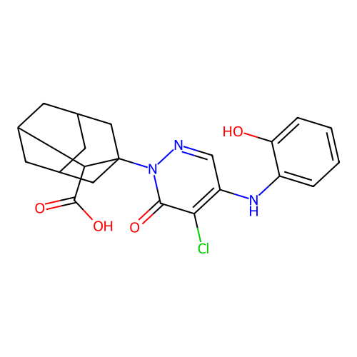 1-[5-chloro-4-(2-hydroxyanilino)-6-oxopyridazin-1-yl]adamantane-2-carboxylic acid structure