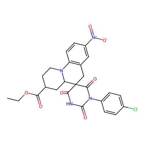 ethyl 1'-(4-chlorophenyl)-2'-hydroxy-8-nitro-4',6'-dioxo-1',2,3,4,4a,6'-hexahydro-1H,4'H,6H-spiro[pyrido[1,2-a]quinoline-5,5'-pyrimidine]-3-carboxylate structure