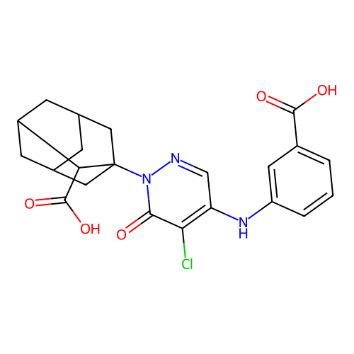 1-{4-[(3-carboxyphenyl)amino]-5-chloro-6-oxopyridazin-1(6H)-yl}tricyclo[3.3.1.1~3,7~]decane-2-carboxylic acid structure