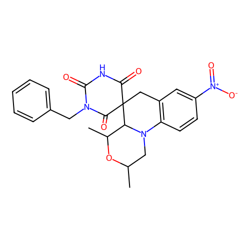 1'-benzyl-2,4-dimethyl-8-nitro-2,4,4a,6-tetrahydro-1H,1'H-spiro[[1,4]oxazino[4,3-a]quinoline-5,5'-pyrimidine]-2',4',6'(3'H)-trione structure