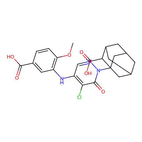 1-{4-[(5-carboxy-2-methoxyphenyl)amino]-5-chloro-6-oxopyridazin-1(6H)-yl}tricyclo[3.3.1.1~3,7~]decane-2-carboxylic acid structure