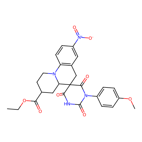 ethyl 1'-(4-methoxyphenyl)-8-nitro-2',4',6'-trioxo-1,2,2',3,3',4,4a,4',6,6'-decahydro-1'H-spiro[pyrido[1,2-a]quinoline-5,5'-pyrimidine]-3-carboxylate structure